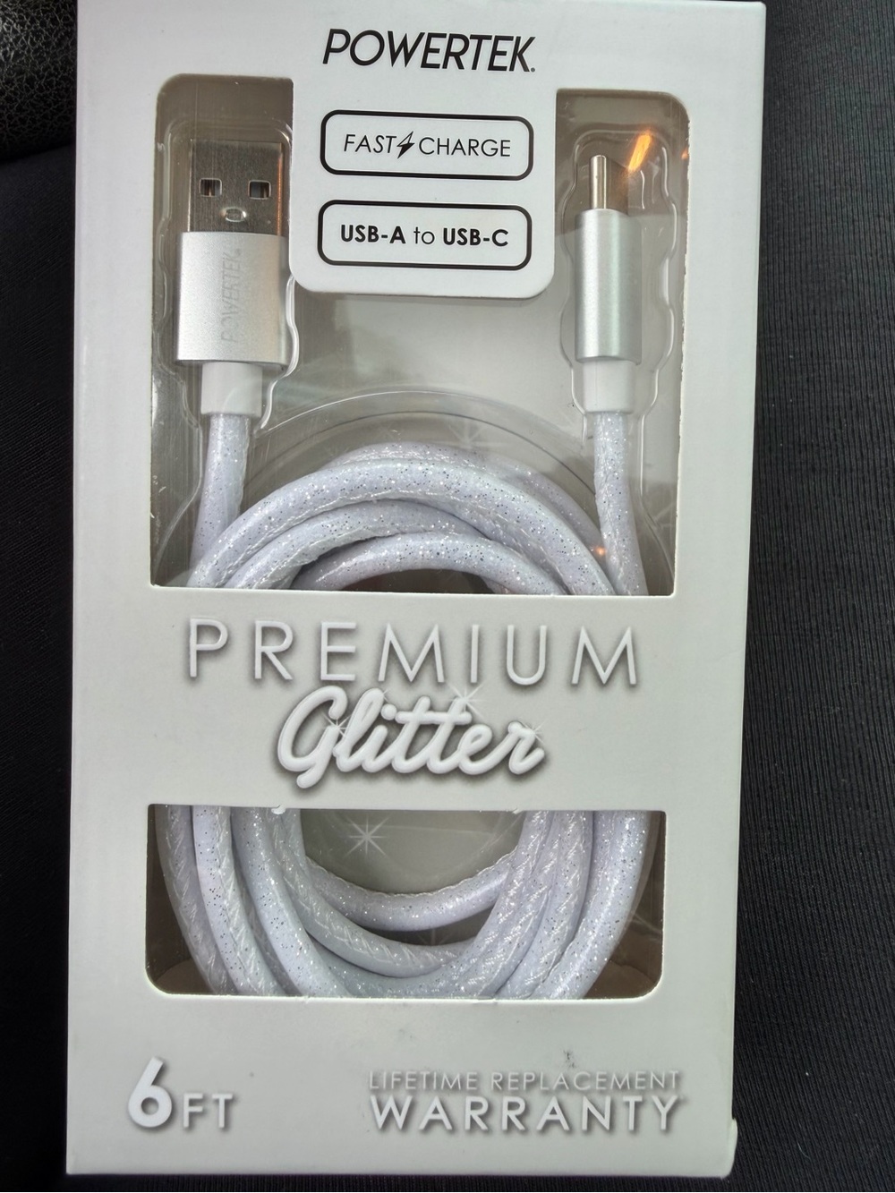 NEW Powertek Premium Glitter USB-A to USB-C Cable — White/Silver.